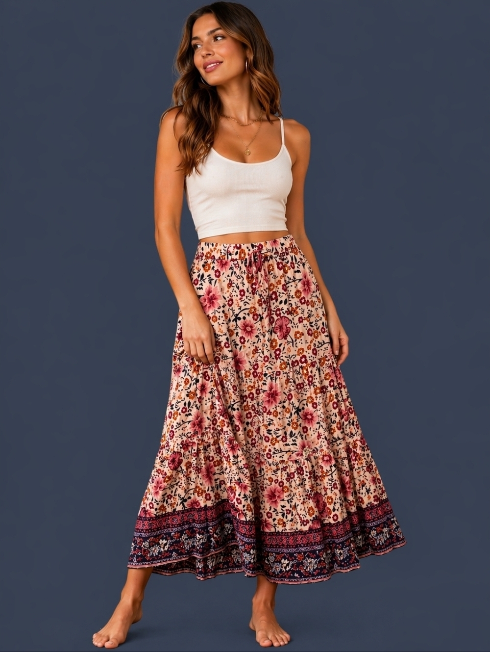 R. VIVIMOS Pink Floral Elastic Waist Boho Festival Skirt